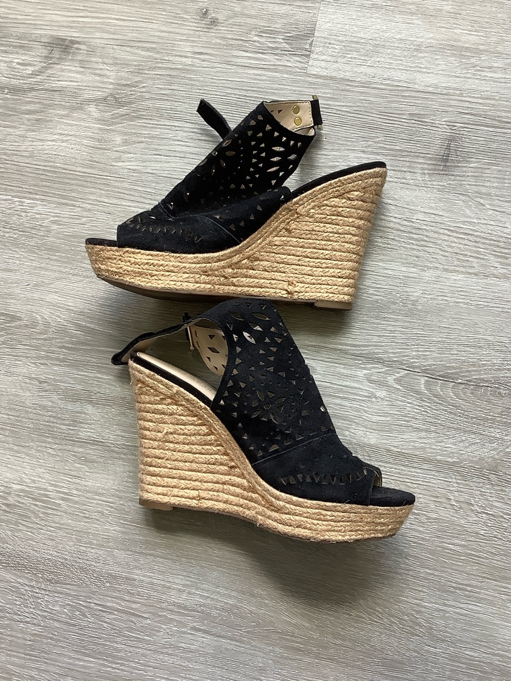 Marc Fisher black velvet & twine platform wedges